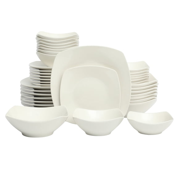 Gibson Home 40-Piece Dinnerware Set  Square White Porcelain Plates and Bowls, Service for 8, Dinner Set with Cereal, Dessert, and Entre Bowls