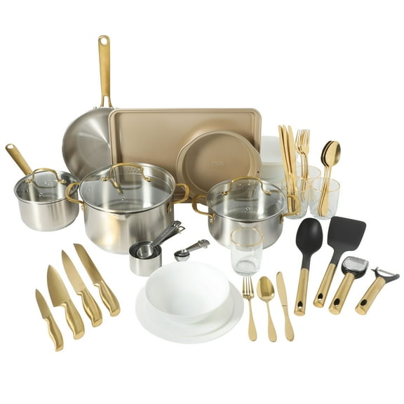 Gibson Home 55-Piece Cookware Set with Stainless Steel Pots & Pans, Cooking Pans, Nonstick Bakeware & Cooking Utensils Set, Gold Handles