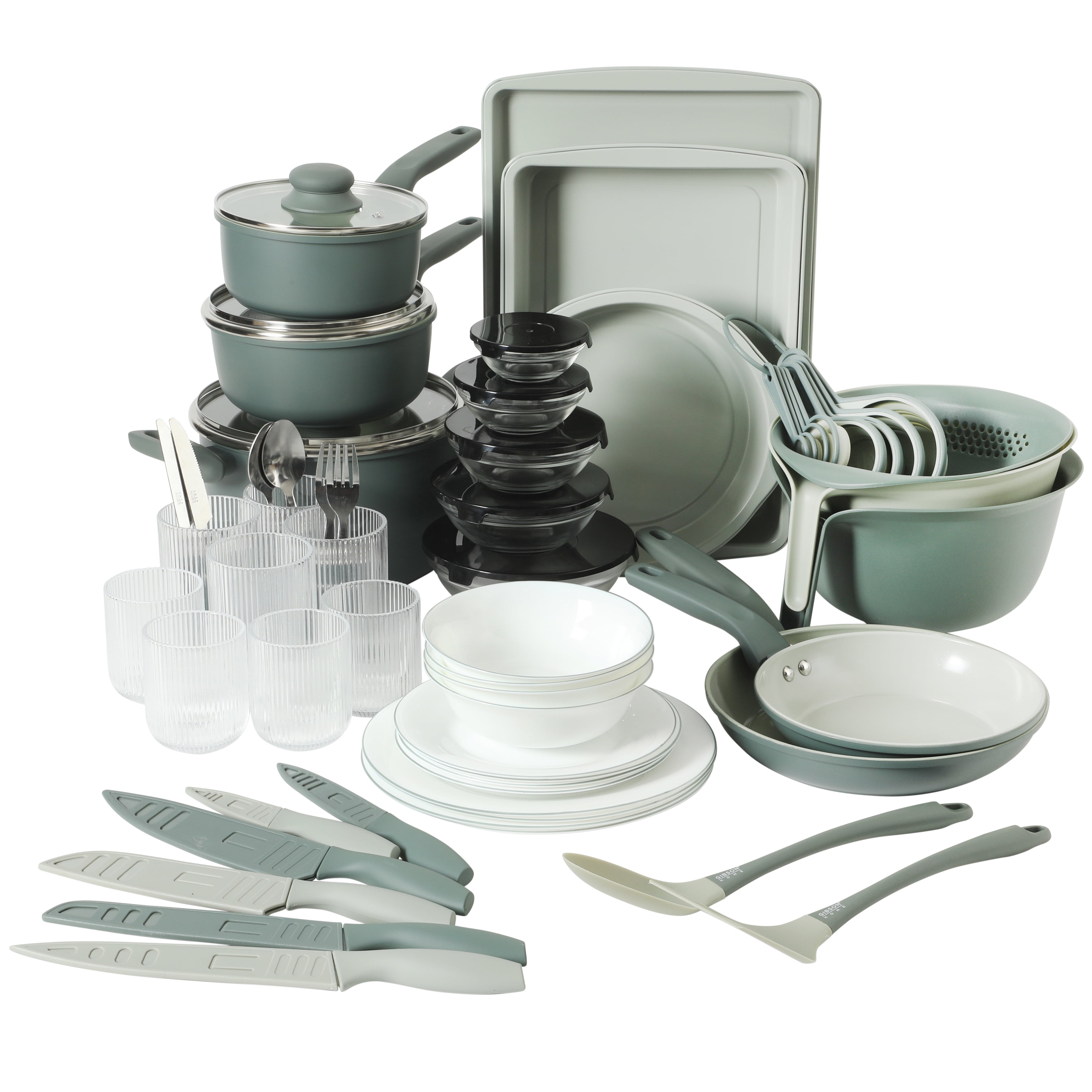 Gibson Home Barnsdall 78-Piece Non-Stick Aluminum Cookware Set, Pots and Pans with Bakeware & Utensils, Green