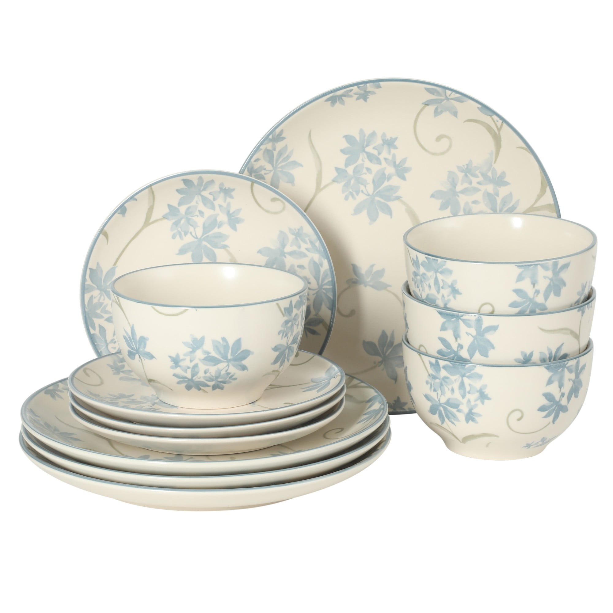 Gibson Home Admiral Hall 12-Piece Matte Stoneware Dinnerware Set – Dinner Plates, Salad Plates & Bowls with Blue Floral Pattern, Durable Everyday Dish Set, Microwave & Dishwasher Safe