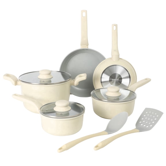 Gibson Home Barnsdall 10 Piece Premium Ceramic Nonstick Pots and Pans Aluminum Cookware Set W/ Kitchen Tools - Linen