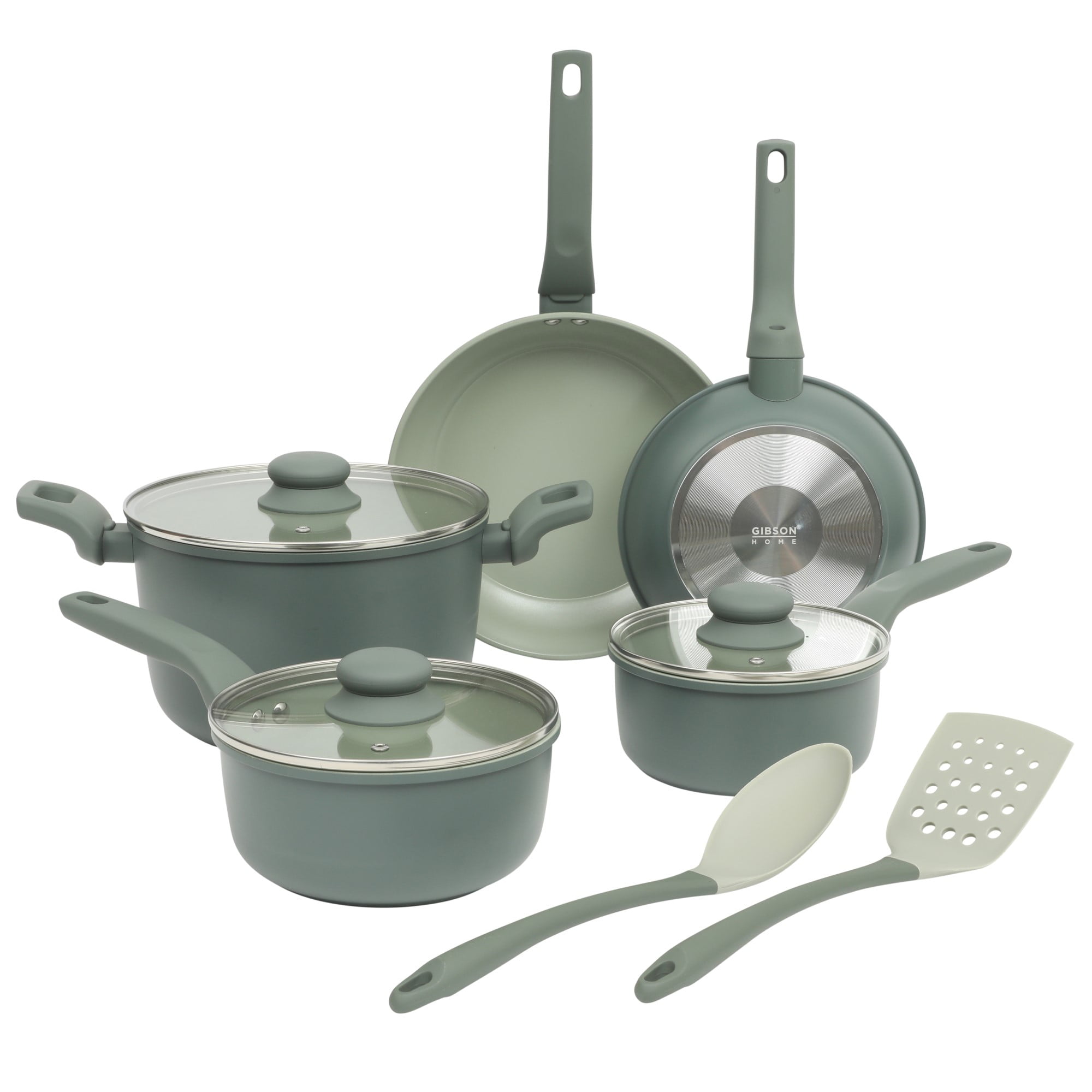 Sage Green Aluminum Nonstick 10-Piece Cookware Set with Kitchen Tools
