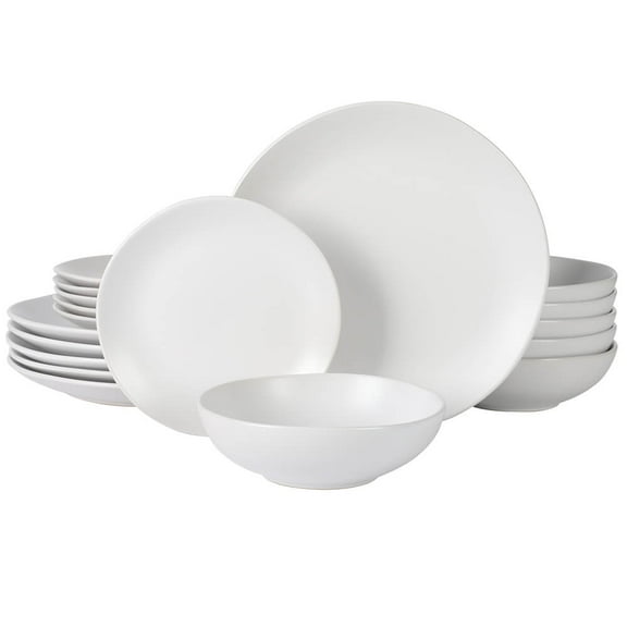Gibson Home Bethel 18 Piece Plates and Bowls Ceramic Stoneware Organic Shape Dinnerware Set (Service for 6) - Matte White
