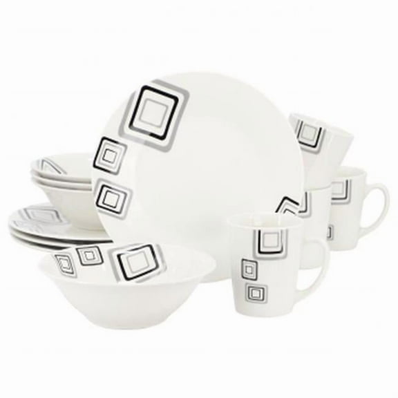 Gibson Home 142756.12 Black Squares Round Fine Ceramic Dinnerware Set, White - 12 Piece