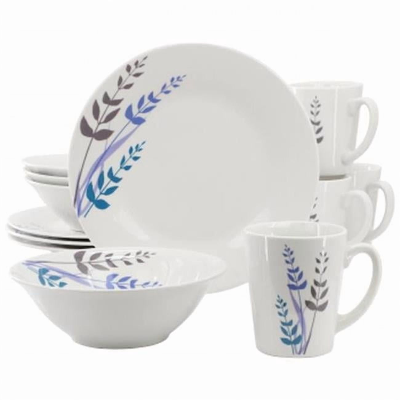 Gibson Home 142755.12 Blue Leaves Round Fine Ceramic Decorated Dinnerware Set, White - 12 Piece