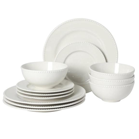 Gibson Home Caviara Plates and Bowls Set, 12-Piece Dinnerware Set, White Round Beaded Rim Porcelain Dish Set, Dinner Plates, Salad Plates & Cereal Bowls