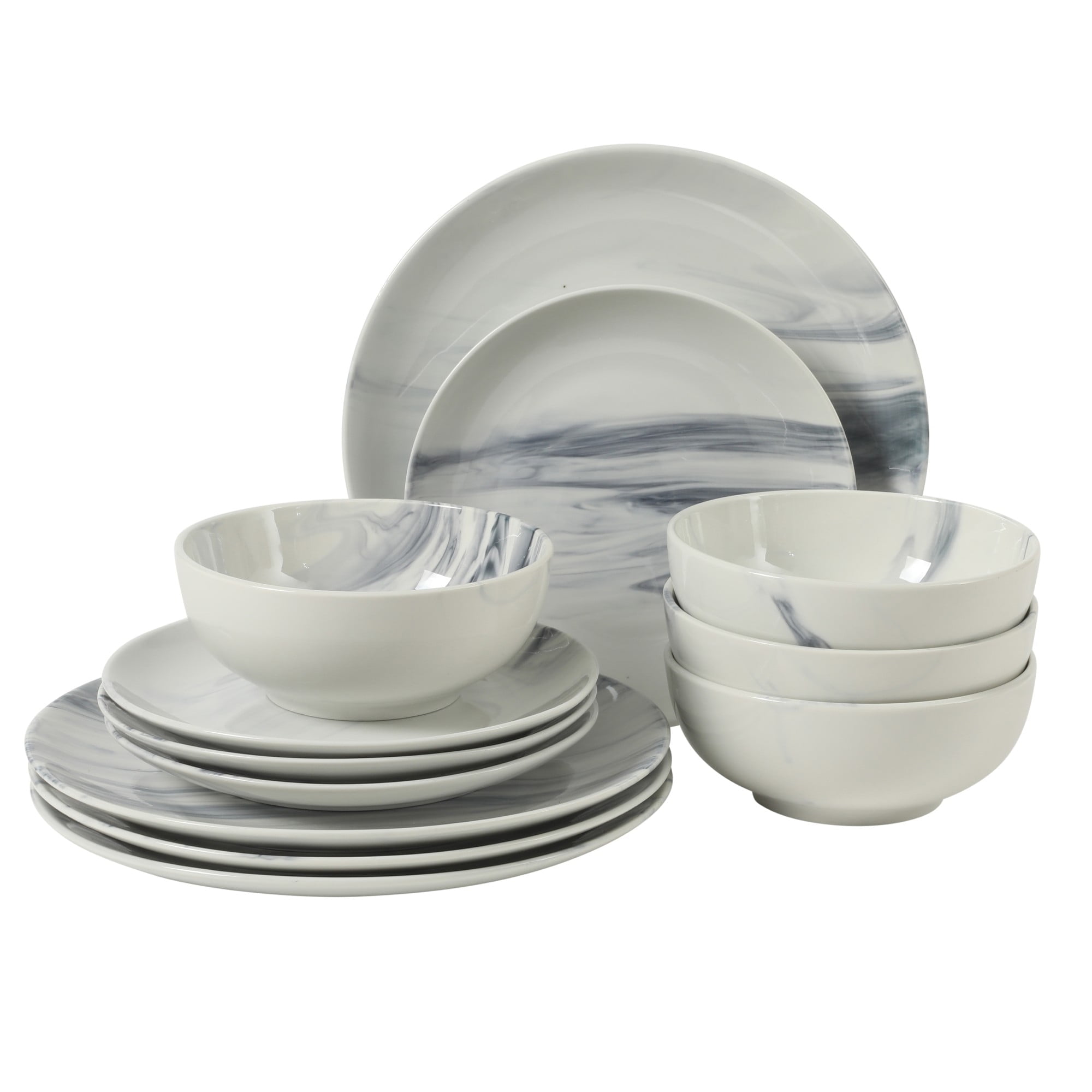 Gibson Home Cloudlight 12 Piece Plates and Bowls Dishes Brown and White - Decorated Porcelain Ceramic Dinnerware Set - Service for 4