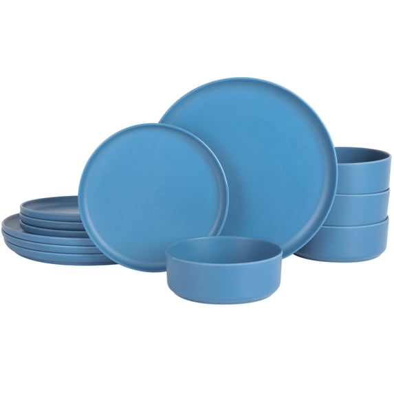 Gibson Home Crest 12 Piece Stackable Matte Melamine Dinnerware Set - Blue