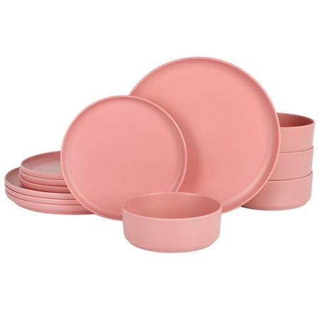 Gibson Home Crest 12 Piece Stackable Matte Melamine Dinnerware Set - Rose Red