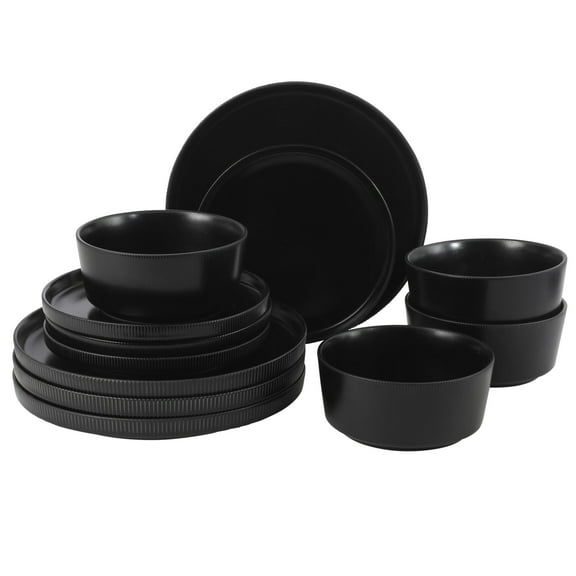 Gibson Home Dempsey Road 12-Piece Stoneware Dinnerware Set – Service for 4, Round Black Plates and Bowls, Durable Solid Color Modern Embossed Dish Set, Microwave & Dishwasher Safe