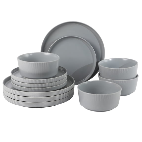 Gibson Home Dempsey Road 12-Piece Stoneware Dinnerware Set – Service for 4, Round Grey Plates and Bowls, Durable Solid Color Modern Embossed Dish Set, Microwave & Dishwasher Safe