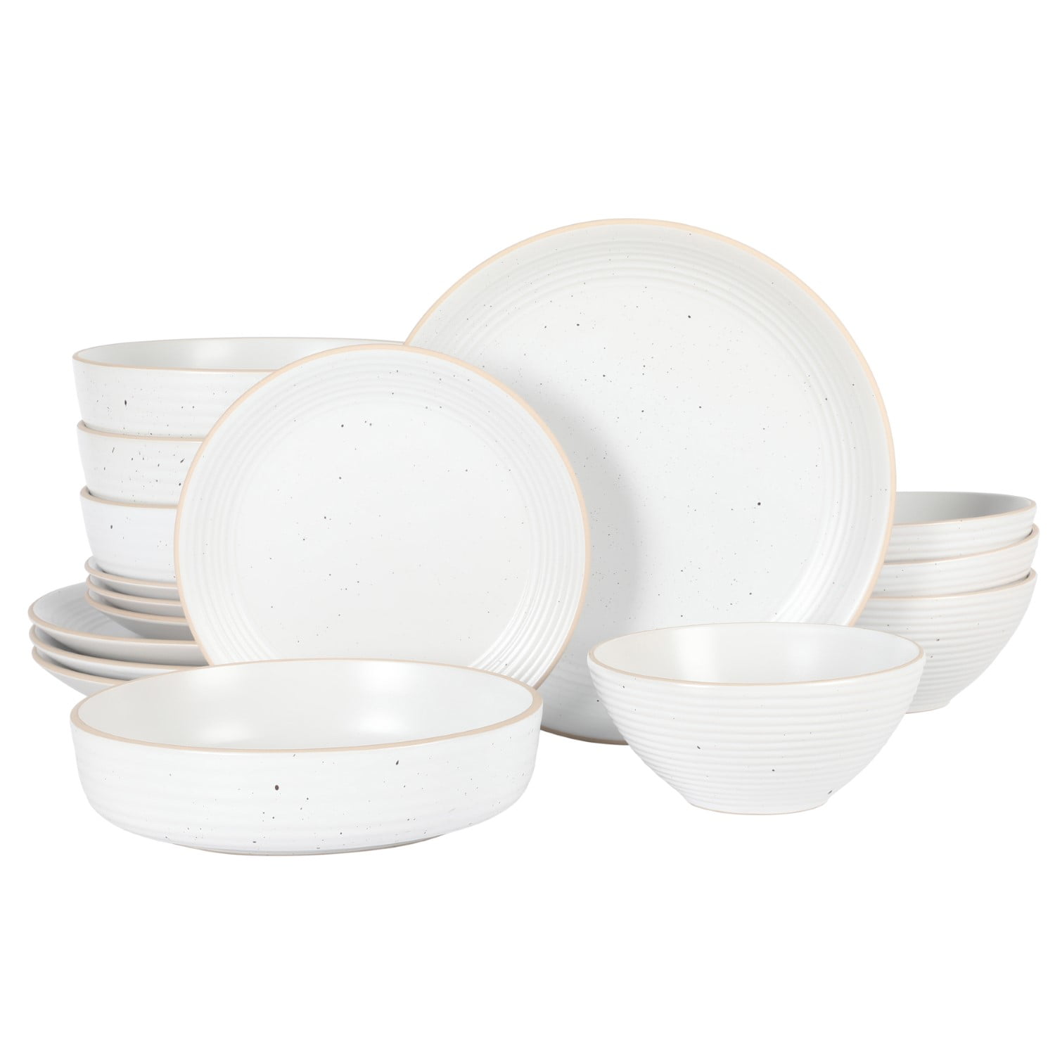 Gibson Home Dinah Double Bowl Stoneware Embossed Speckled Dinnerware Set, Matte White, 16 Piece