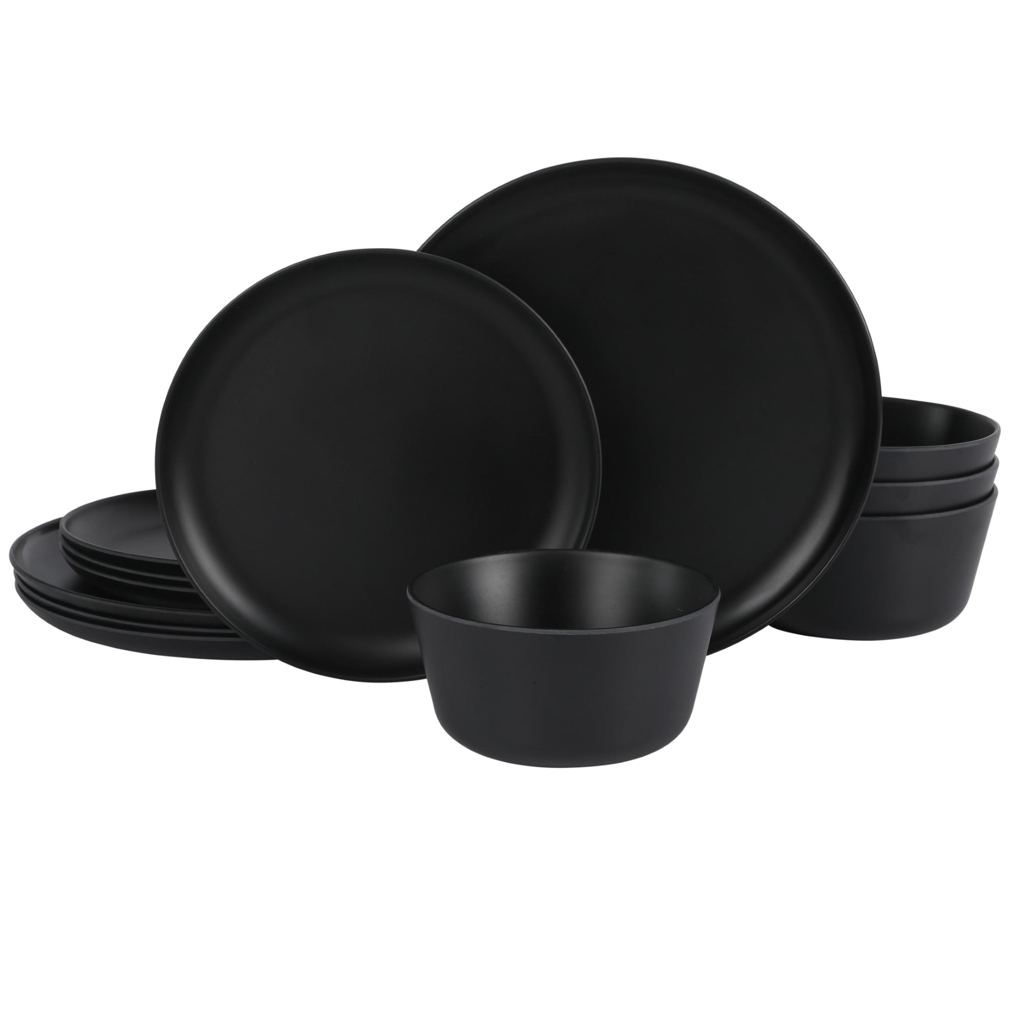 Matte Black Melamine 12-Piece Dinnerware Set for 4