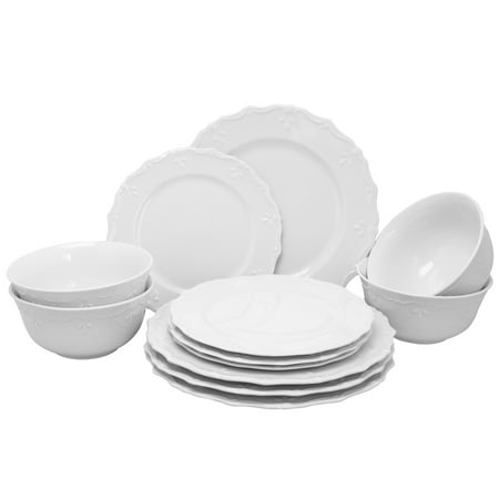 Gibson Home Fine Ceramic Scallop Buffet 12 Pieces Dinnerware Set In White