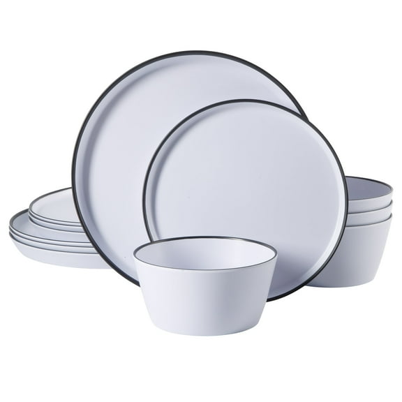 Gibson Home Folsom Shores 12 Piece Unbreakable Modern Melamine Plates and Bowls Dinnerware Set - Outdoor, Camping, & Everyday Use - White W/ Black Rim