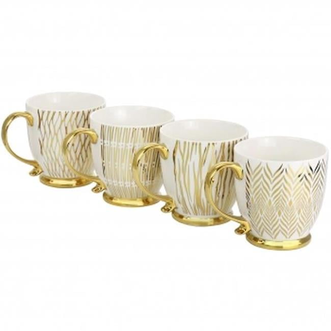 Gold Electroplated Fine Ceramic Mug Set, 4-Piece, White and Gold