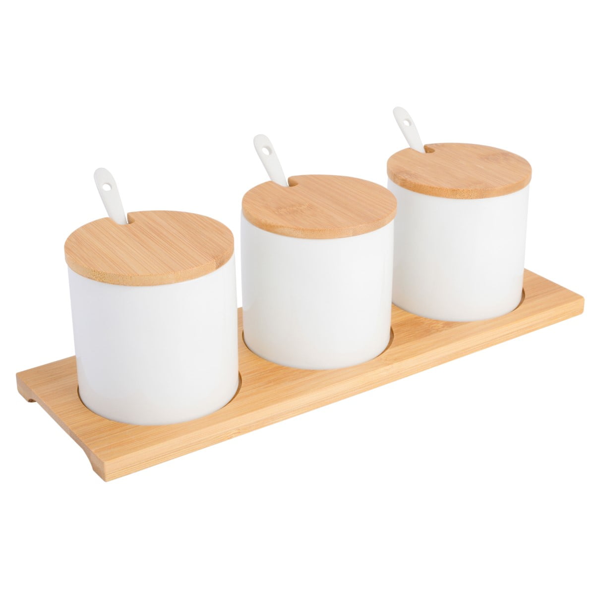 White Ceramic Condiment Jars with Bamboo Lids and Tray