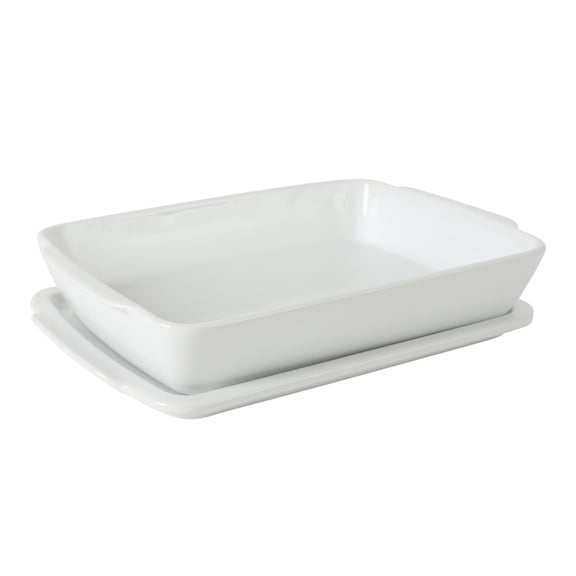 Gibson Home Gracious Dining 2.6-Quart White Stoneware Covered Baking Dish with Multi-Purpose Lid – 12.7 x 9-Inch Rectangular Oven Safe. Lid Doubles as Serveware or Trivet