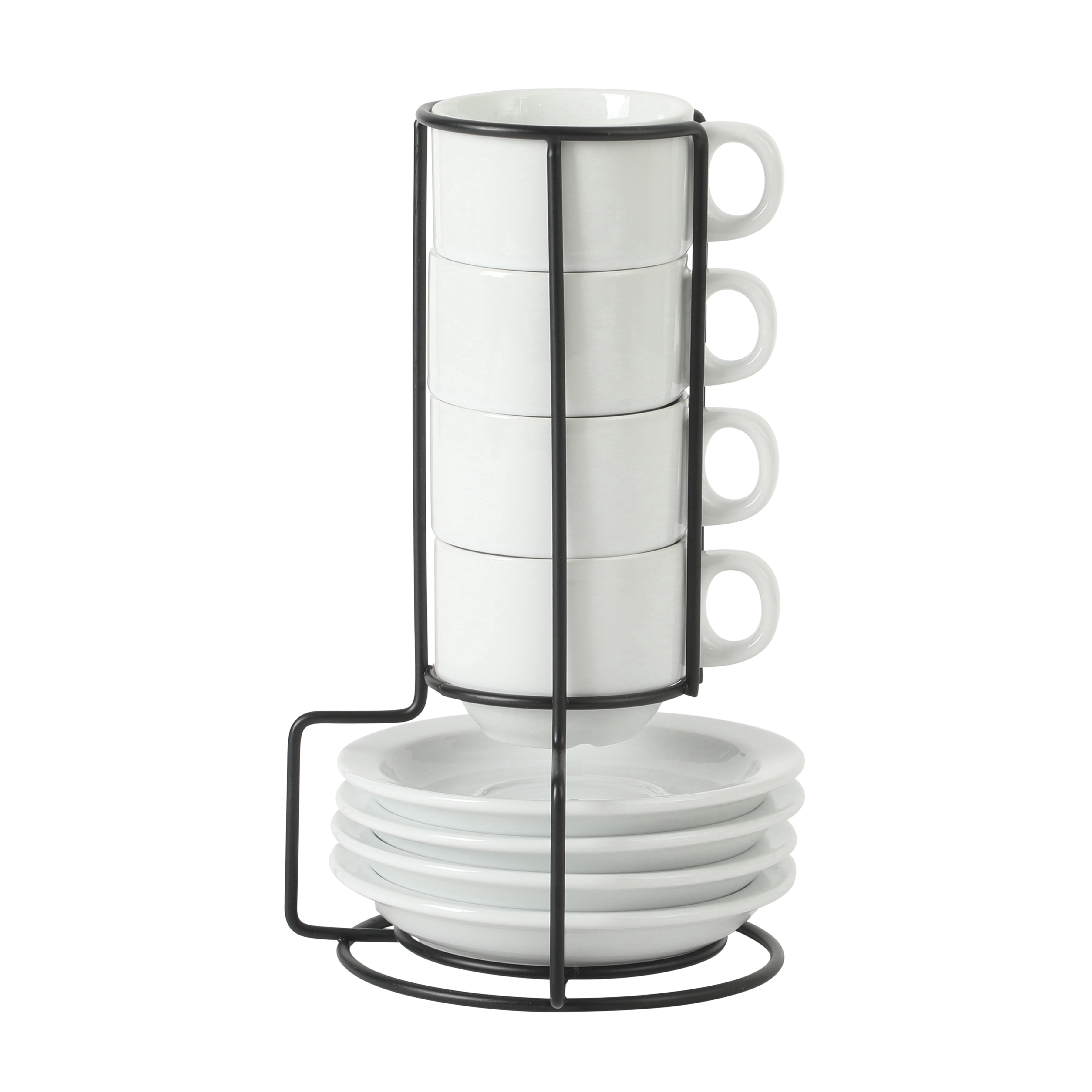 Gibson Home Gracious Dining Espresso / Cuppuccino Cups Set of 4, Small Stackable Coffee Cups with 4 Saucers, Metal Stand, Ceramic Demitasse Mugs, Espresso Accessories for Machine