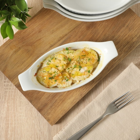 Gibson Home Gracious Dining Oval Au Gratin Baking Dishes,, 4-Piece Set – 9 oz Oven Safe Banana Split Bowls, Ceramic Small Casserole Dishes with Handles, Microwave & Dishwasher Safe, White