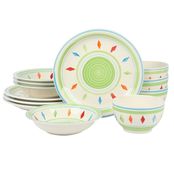 Gibson Home Heidy 12 Piece Hand Painted Dinnerware Set - Green