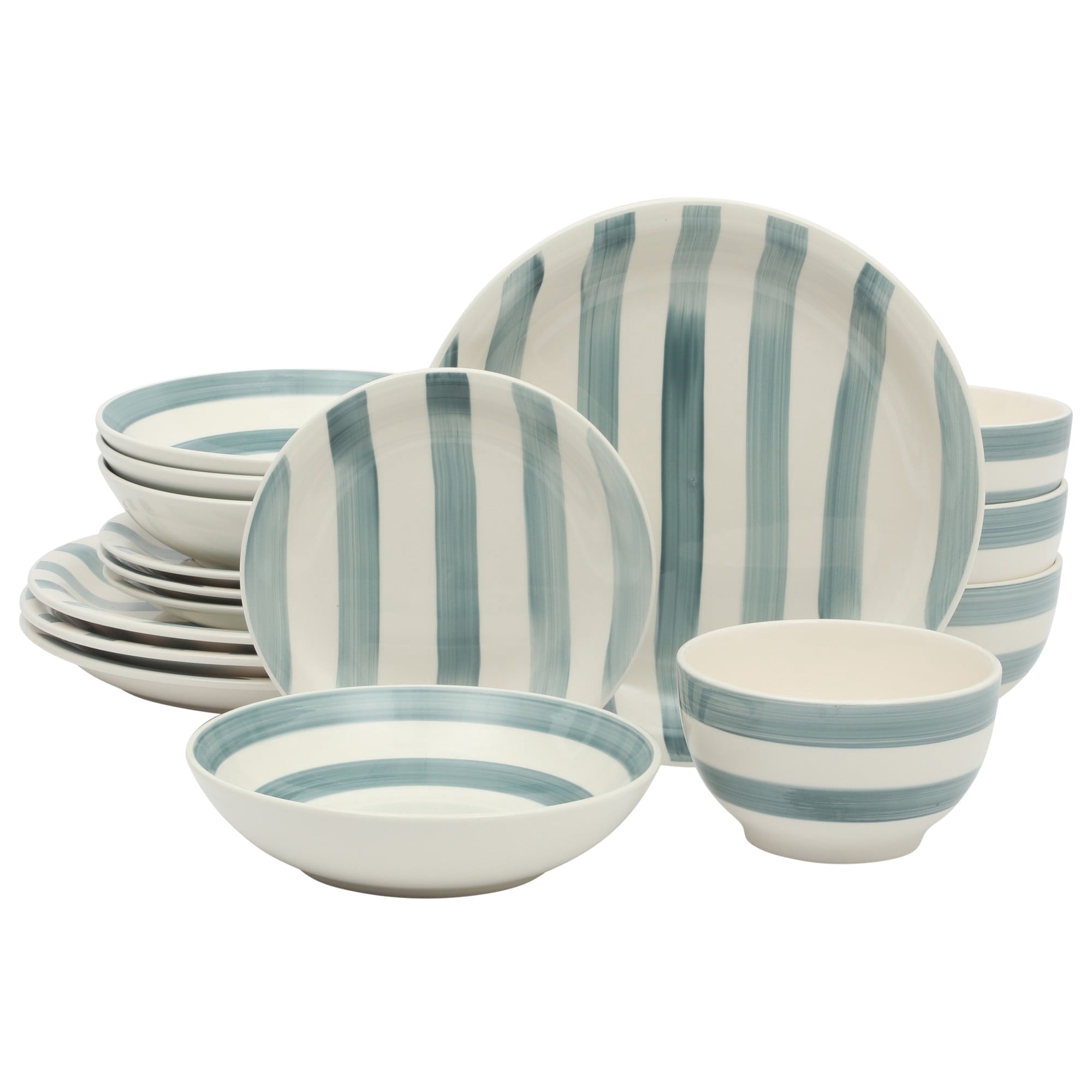 Gibson Home Kenwood Shores 16 Piece Stoneware Dinnerware Set, Hand-Painted Plates and Bowls, Service for 4 - Blue Striped