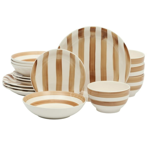Gibson Home Kenwood Shores 16 Piece Stoneware Dinnerware Set, Hand-Painted Plates and Bowls, Service for 4 - Brown Striped