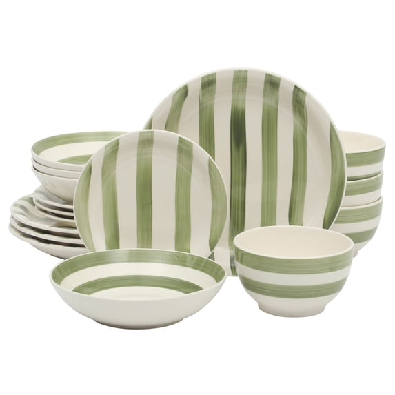 Gibson Home Kenwood Shores 16 Piece Stoneware Dinnerware Set, Hand-Painted Plates and Bowls, Service for 4 - Green Striped