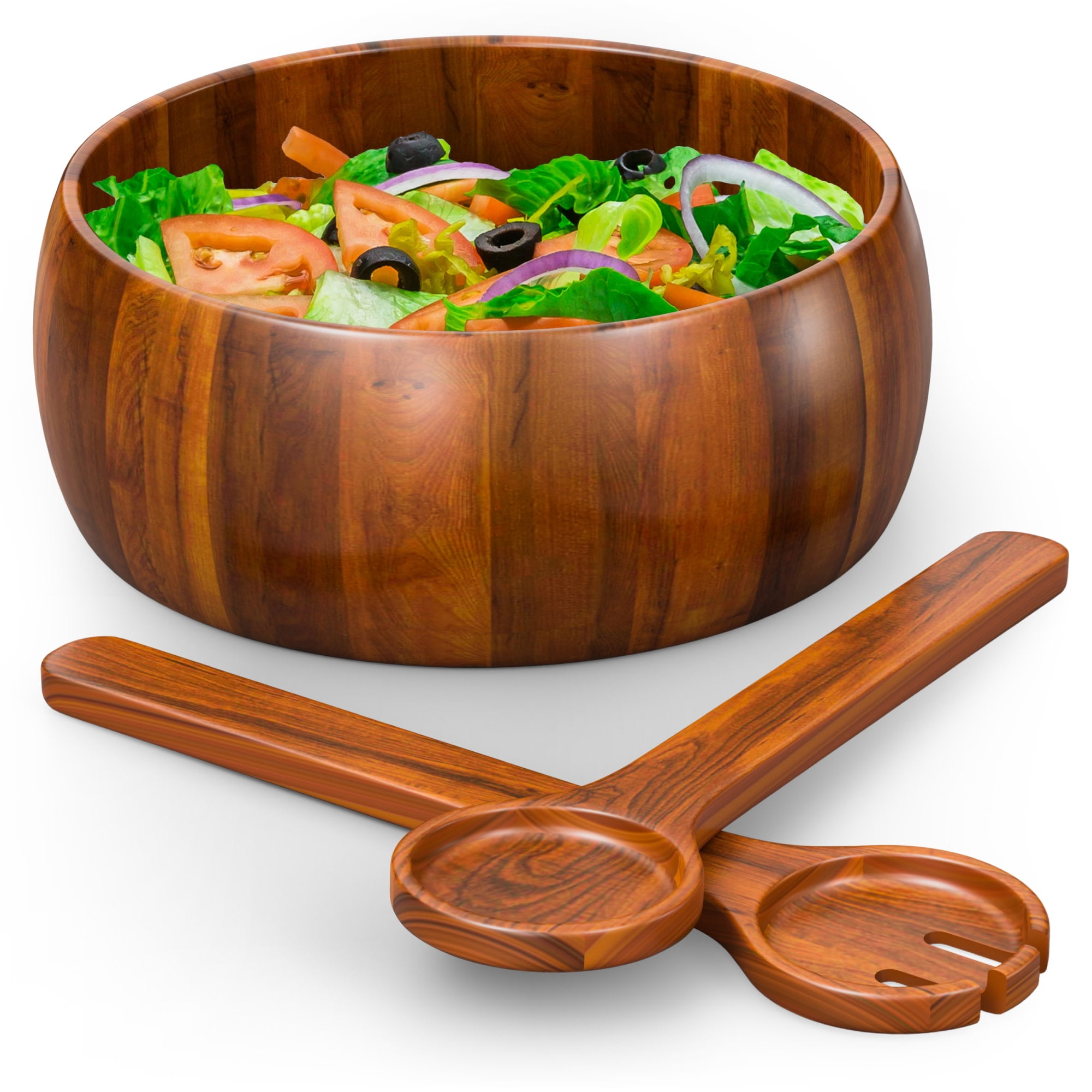 Acacia Wood 3-Piece Salad Bowl Set with Utensils
