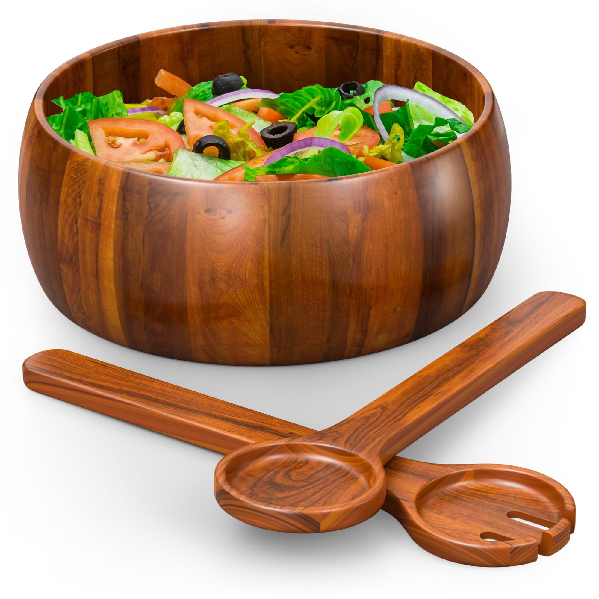 Acacia Wood 3-Piece Salad Bowl Set with Utensils