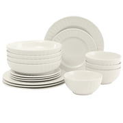 Gibson Home Melbourne White Plates and Bowls Set, 16 Piece Embossed Ceramic Dinnerware Set - Service for 4 Dishes - With Pasta Bowl