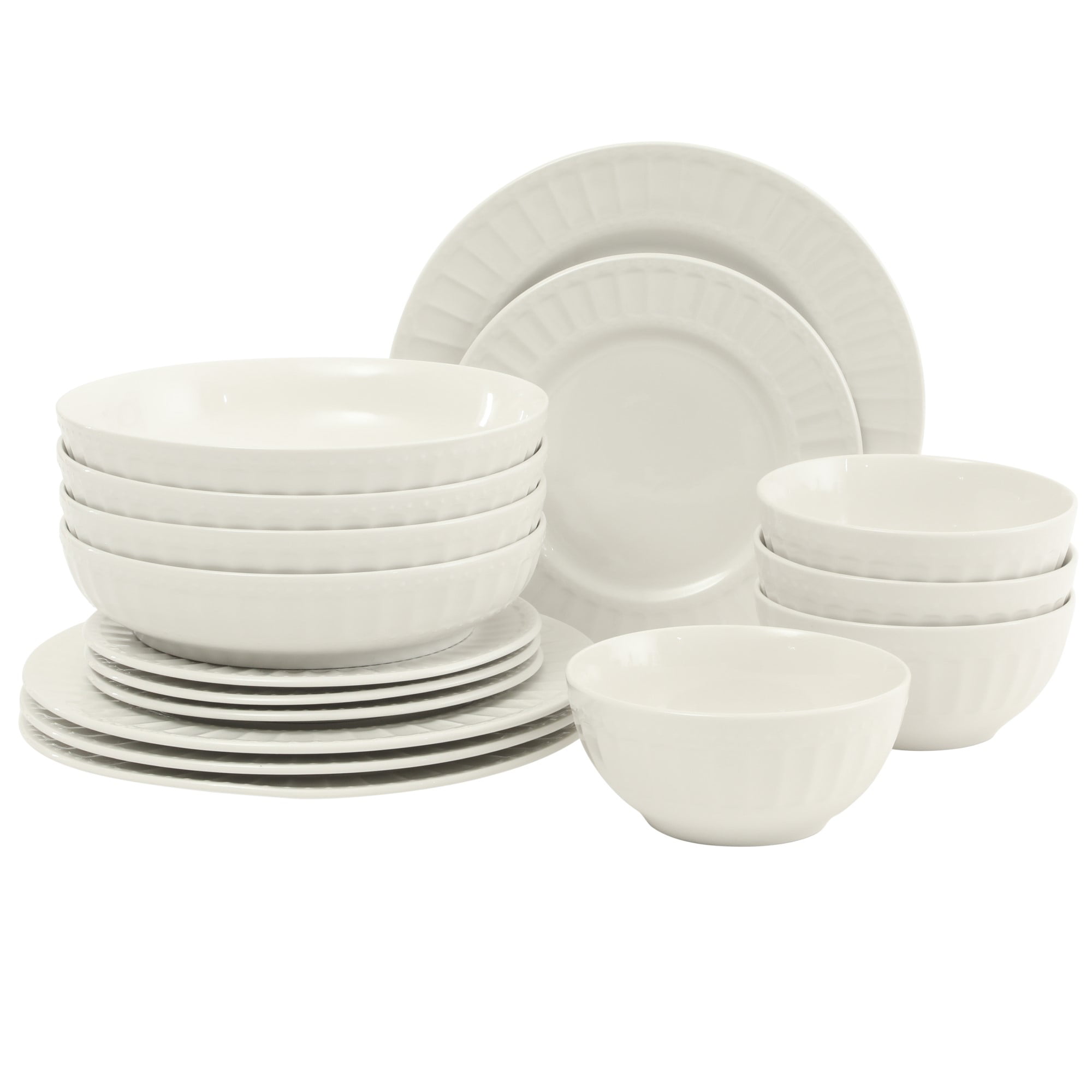 Gibson Home Melbourne White Plates and Bowls Set, 16 Piece Embossed Ceramic Dinnerware Set - Service for 4 Dishes - With Pasta Bowl