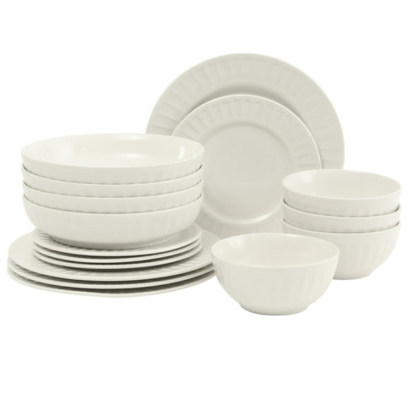 Gibson Home Melbourne White Plates and Bowls Set, 16 Piece Embossed Ceramic Dinnerware Set - Service for 4 Dishes - With Pasta Bowl