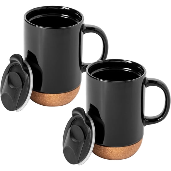 Gibson Home Modani 2 Pack Large 16.5 OZ Ceramic Mugs Set with Removable Cork Bottom and Lid - Black