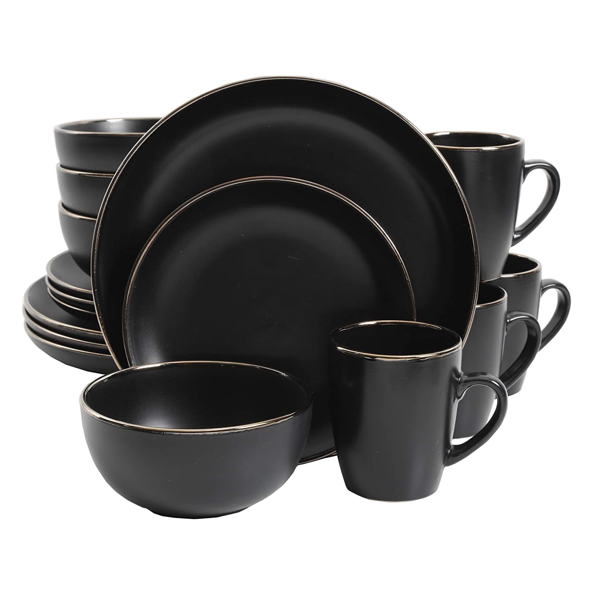 Matte Black Ceramic Dinnerware Set with Gold Rim, Service for 4