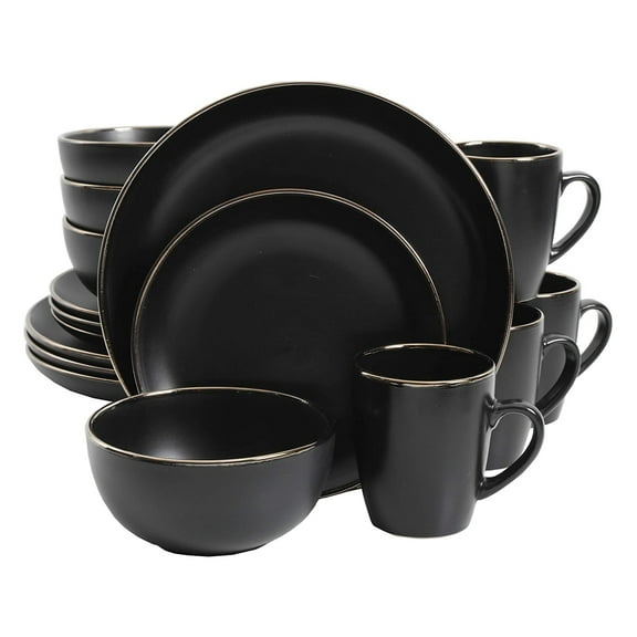 Gibson Home Munich Gold 16-Piece Dinnerware Set - Matte Black w/ Gold Rim