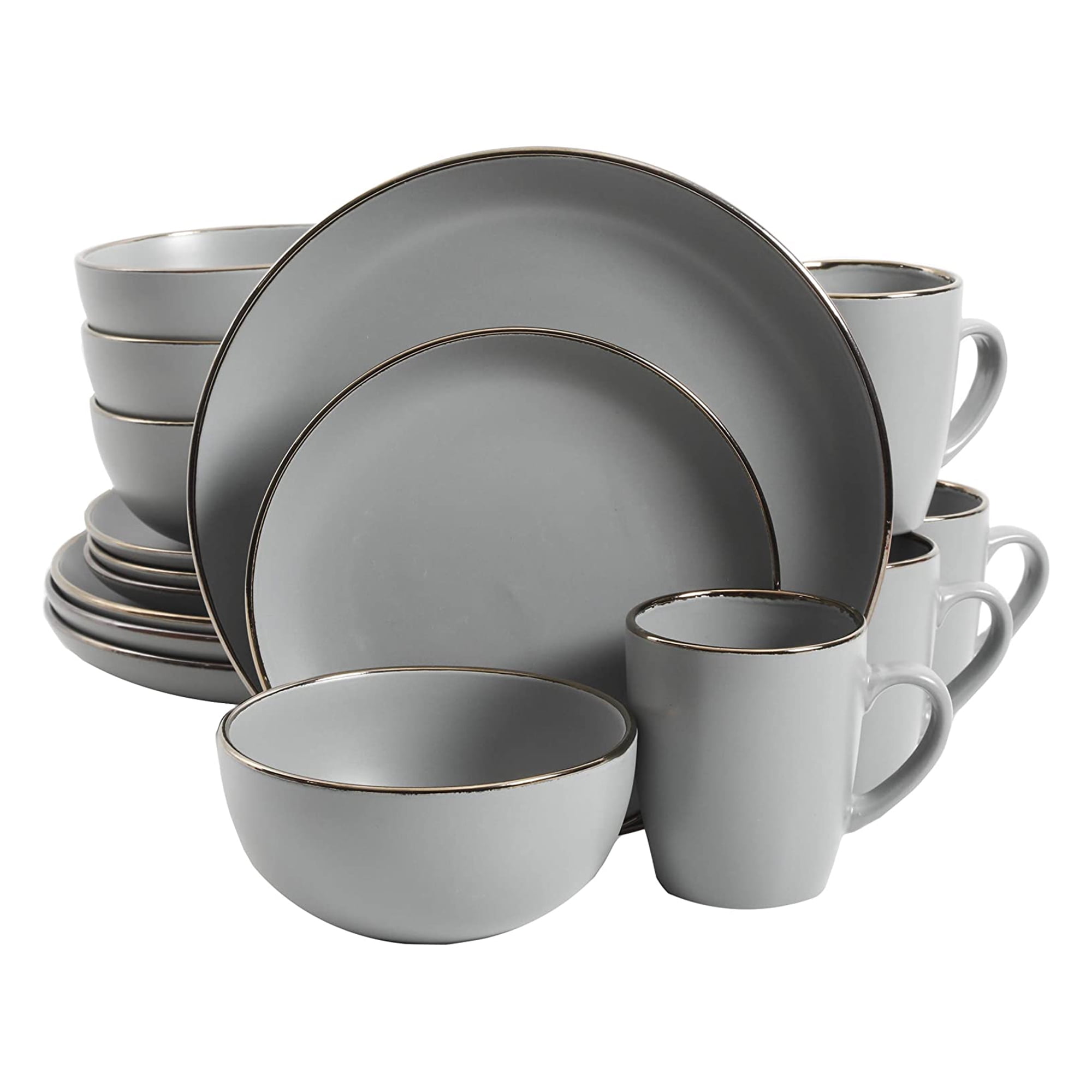 Gray and Gold Rim Ceramic Dinnerware Set, Service for 4