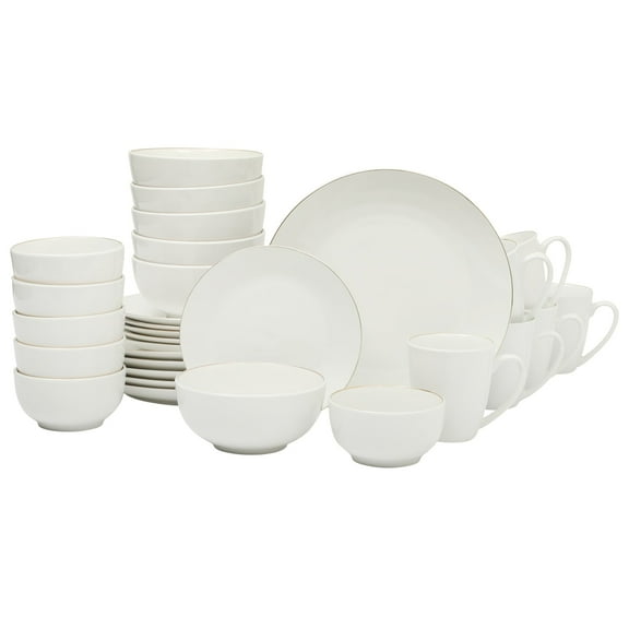 Gibson Home Ogalla 30 Piece Plates, Bowls, & Mugs Dinnerware Set - Service for 6 - White Porcelain W/ Gold Band