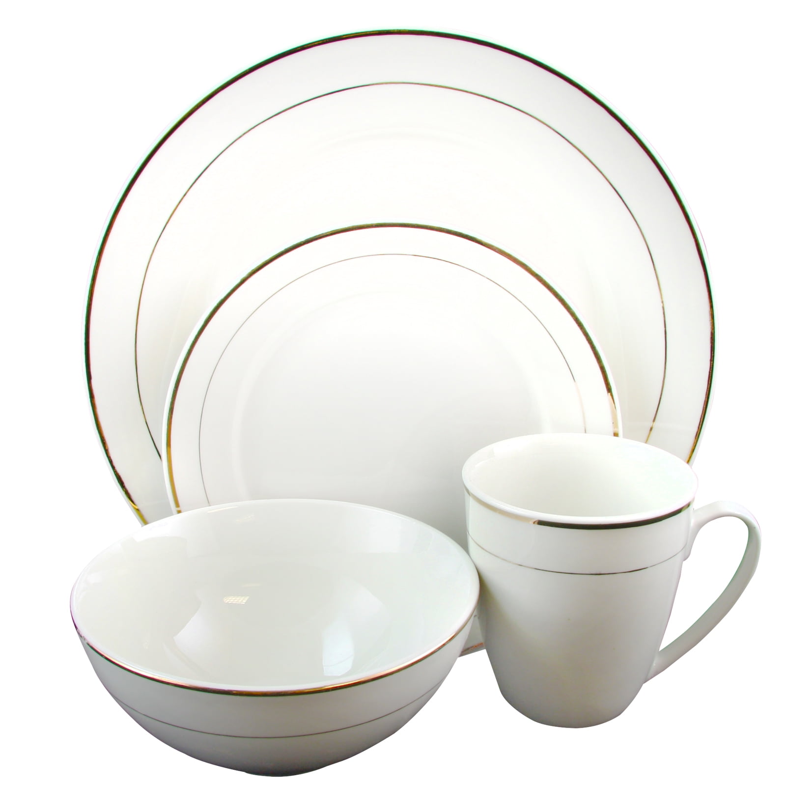 White and Gold Banded Ceramic Dinnerware Set, Service for 4