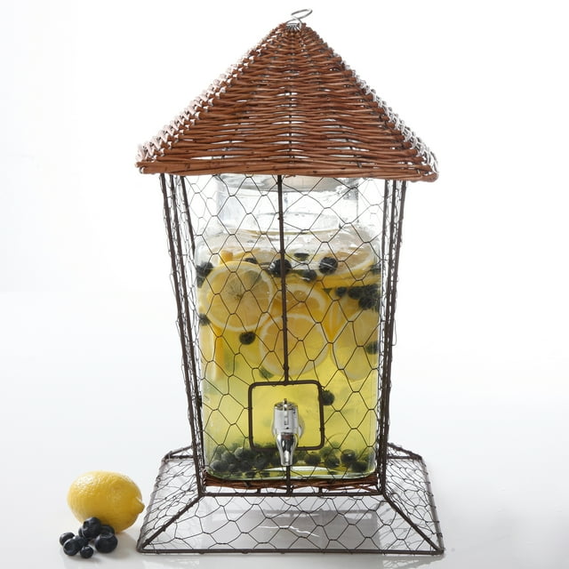 Gibson Home Pinetop Glass Drink Dispenser with Basket Top Metal Rack, 1.32 Gallons, Glass