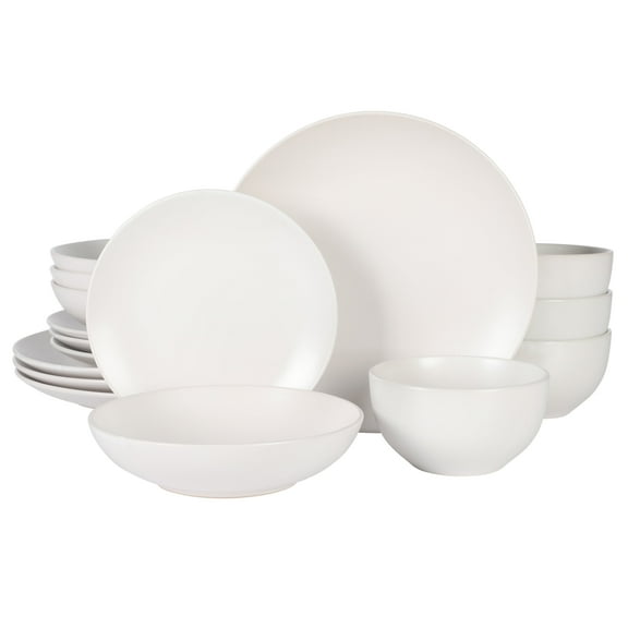 Gibson Home Queenslane 16 Piece Plates and Bowls Dishes Stoneware Dinnerware Sets - Matte White