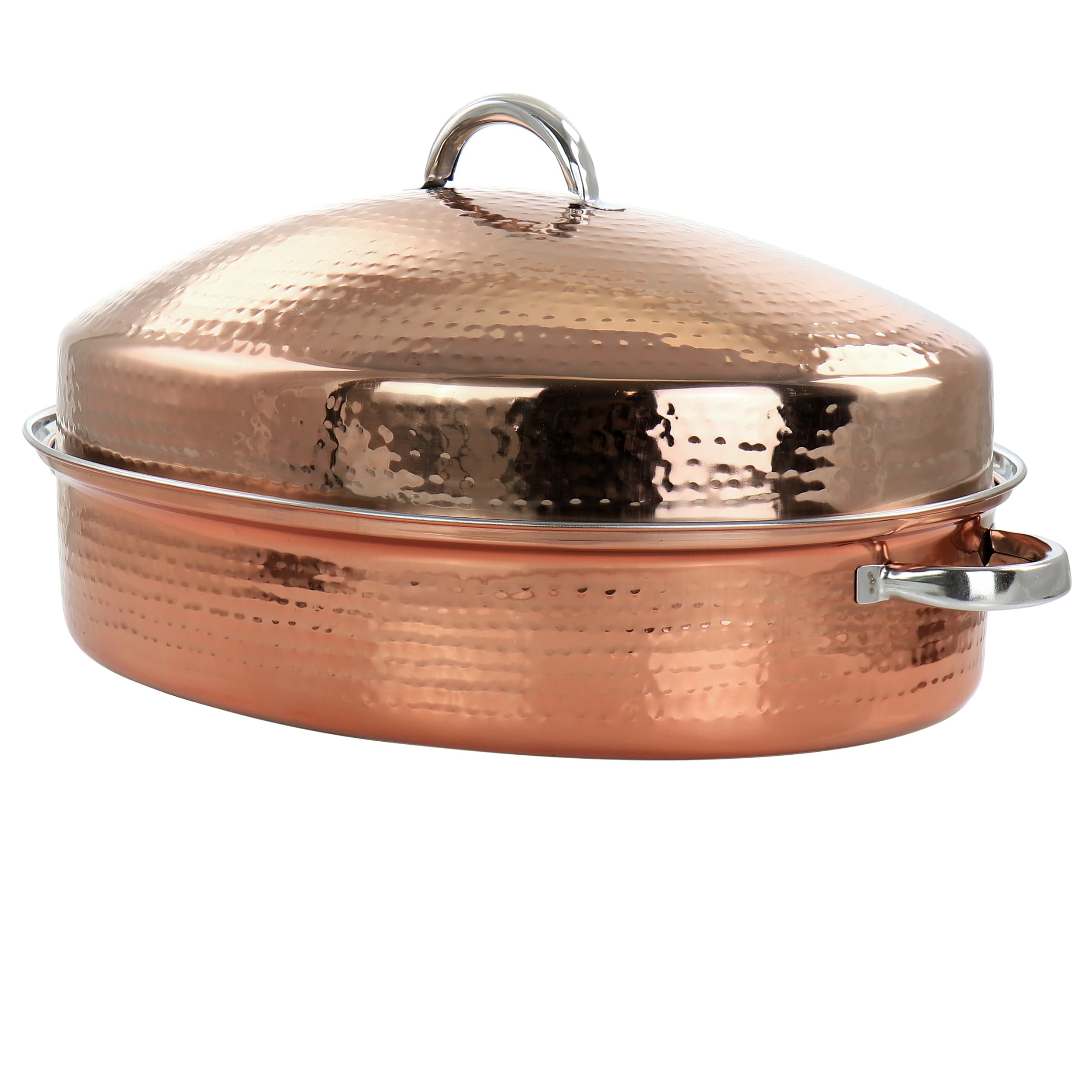 Radiance 17.5 Inch Copper Plated Stainless Steel Oval Roaster with Lid and Rack
