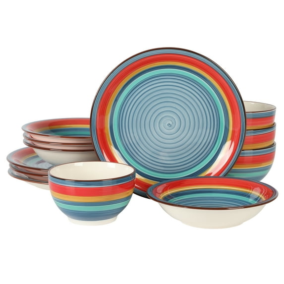 Gibson Home Rainbow Party 12 Piece Hand-Painted Multi-Color Stoneware Dinnerware Dish Set - Blue