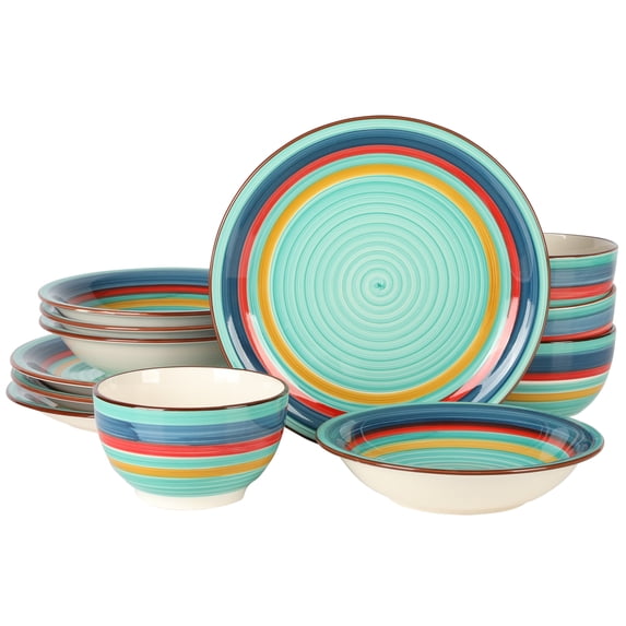Gibson Home Rainbow Party 12 Piece Hand-Painted Multi-Color Stoneware Dinnerware Dish Set - Green