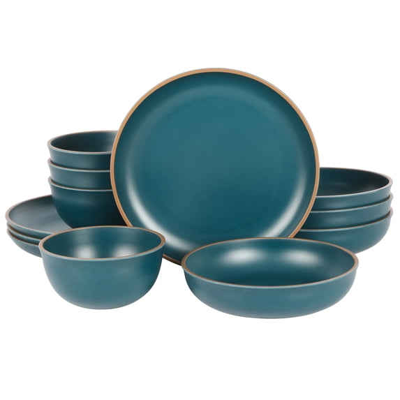 Gibson Home Rockabye 12 Piece Double Bowl Melamine Dinnerware Set - Matte Teal