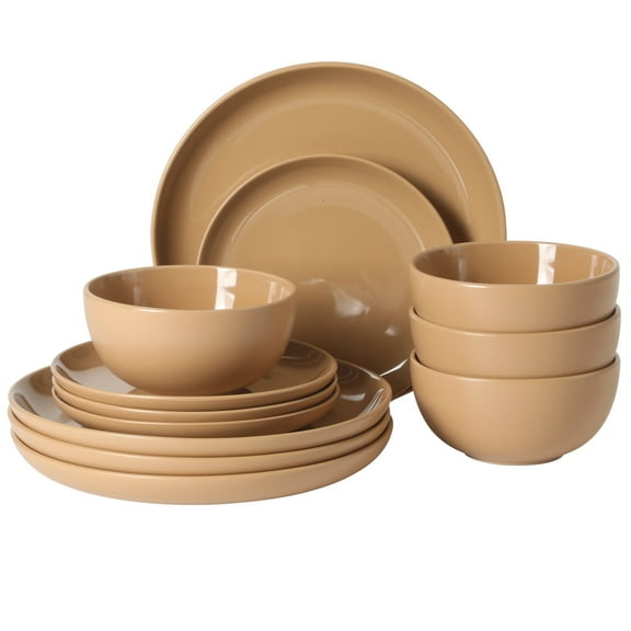 Gibson Home Rockaway 12 Piece Plates and Bowls Matte Glaze Service for 4 Dinnerware Set - Beige - Dishwasher and Microwave Safe