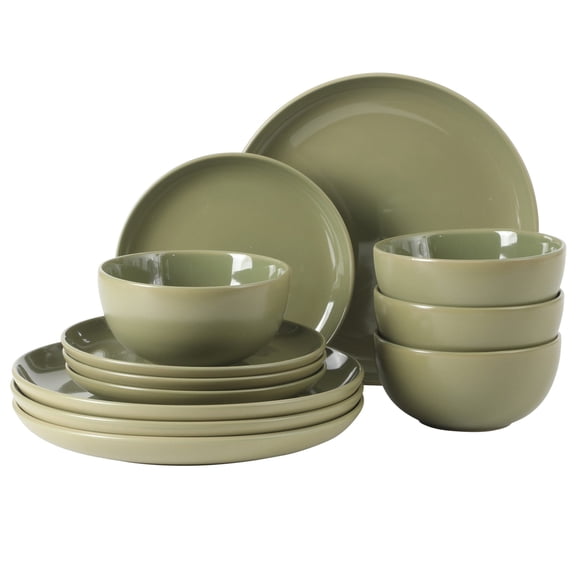 Gibson Home Rockaway 12 Piece Plates and Bowls Matte Outside/Shiny Inside Glaze Service for 4 Dinnerware Set - Green - Dishwasher and Microwave Safe