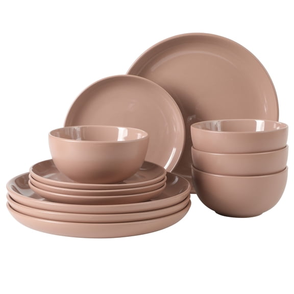 Gibson Home Rockaway 12 Piece Plates and Bowls Matte Outside/Shiny Inside Glaze Service for 4 Dinnerware Set - Pink - Dishwasher and Microwave Safe