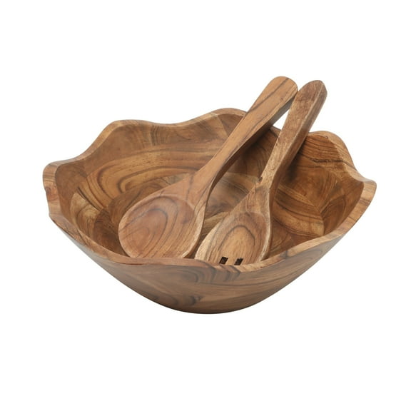 Gibson Home Sandhurst 3-Piece Acacia Wood Salad Bowl Set  12-Inch Scalloped Serving Bowl with Wooden Salad Servers