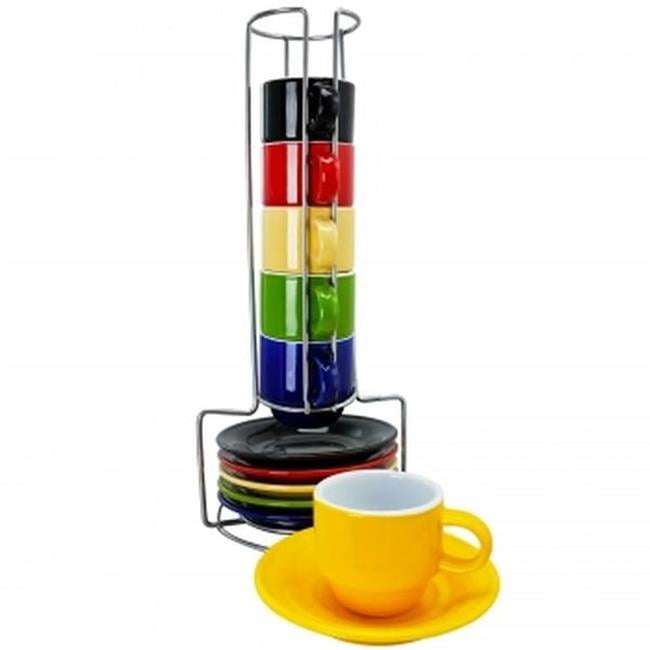 Gibson Home Sensations 13 Piece Stoneware Espresso Set with Wire Rack in Assorted Colors